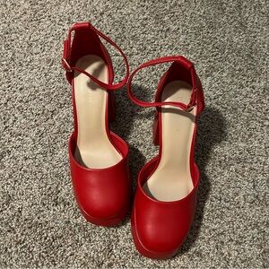 Red Closed Toe Chunky Heels